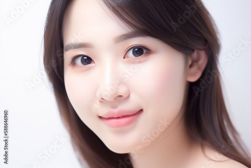 Beautiful Asian Woman, Close up on her face with Smooth skin look at the camera on a White background in Studio light. generative AI © Surachetsh