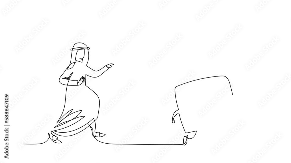 Animated self drawing of continuous line draw Arab businessman run chasing deposit box. Protect money, coins, gold. Financial security, savings. Business metaphor. Full length single line animation Animated self drawing of continuous line draw Arab businessman run chasing deposit box. Protect money, coins, gold. Financial security, savings. Business metaphor. Full length single line animation