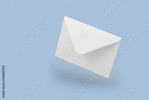 White envelope mockup, blank template, levitation whis shadow, light blue background