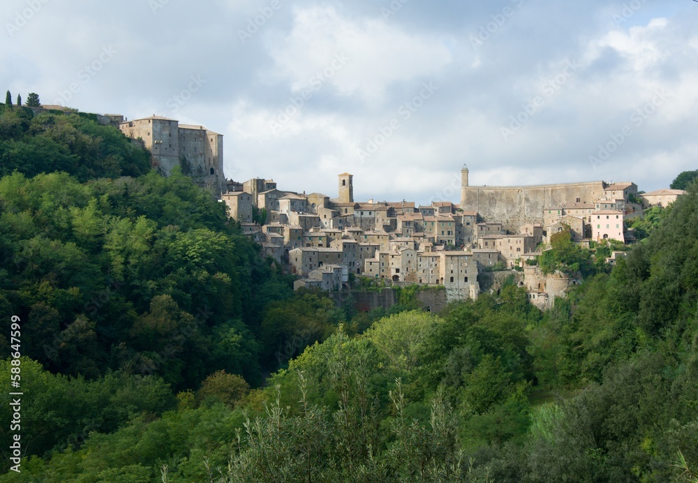 View of Sorano city. Province of Grosseto in central Italy, Europe. 