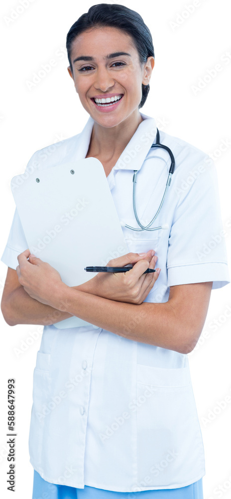 Portrait of cheerful female doctor holding clipboard Portrait of cheerful female doctor holding clipboard