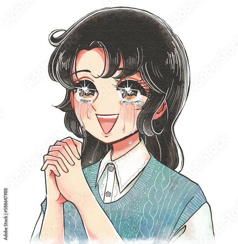 涙を流して手を組んで祈る女性のイラスト・少女漫画風