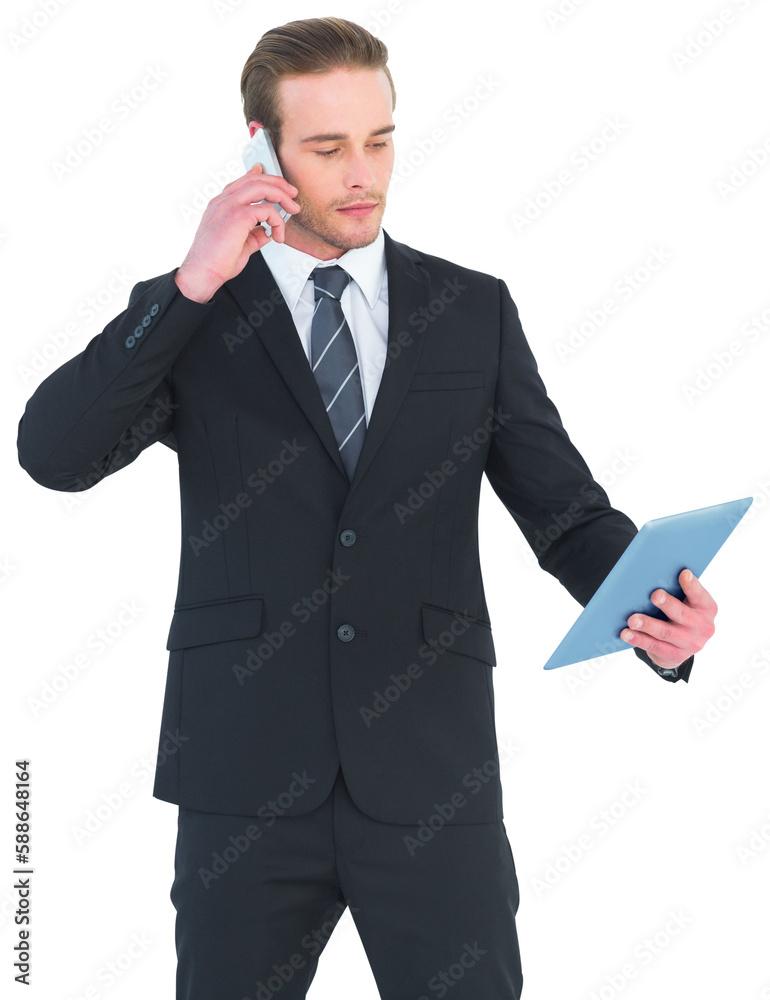 Serious businessman on the phone holding tablet Serious businessman on the phone holding tablet