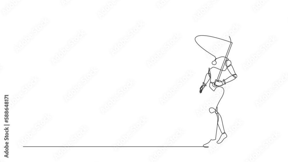 Animated self drawing of single continuous line draw robot with umbrella walking alone. Depression, passerby at hot weather. Robotic artificial intelligence. Technology. Full length one line animation Animated self drawing of single continuous line draw robot with umbrella walking alone. Depression, passerby at hot weather. Robotic artificial intelligence. Technology. Full length one line animation