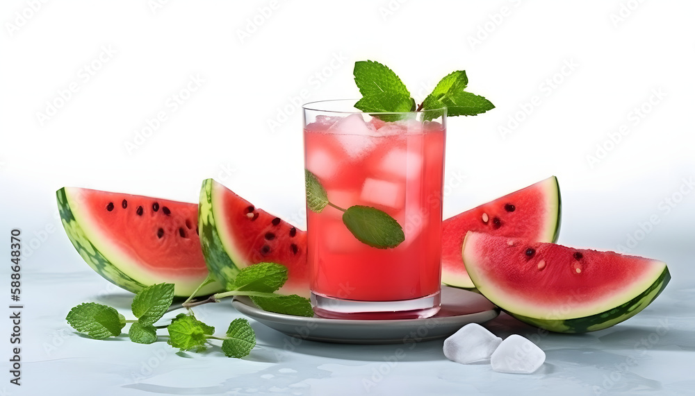 Refreshing summer drink watermelon Lemonade with Crushed Ice and Mint isolated on white, Generative AI Refreshing summer drink watermelon Lemonade with Crushed Ice and Mint isolated on white, Generative AI