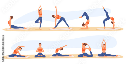 Set of cartoon character of young woman in sportswear doing stretching exercises. Practicing yoga alone. Physical activity and healthy lifestyle. Time for training indoor. Vector