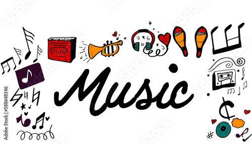 Music text surrounded by various colorful vector icons