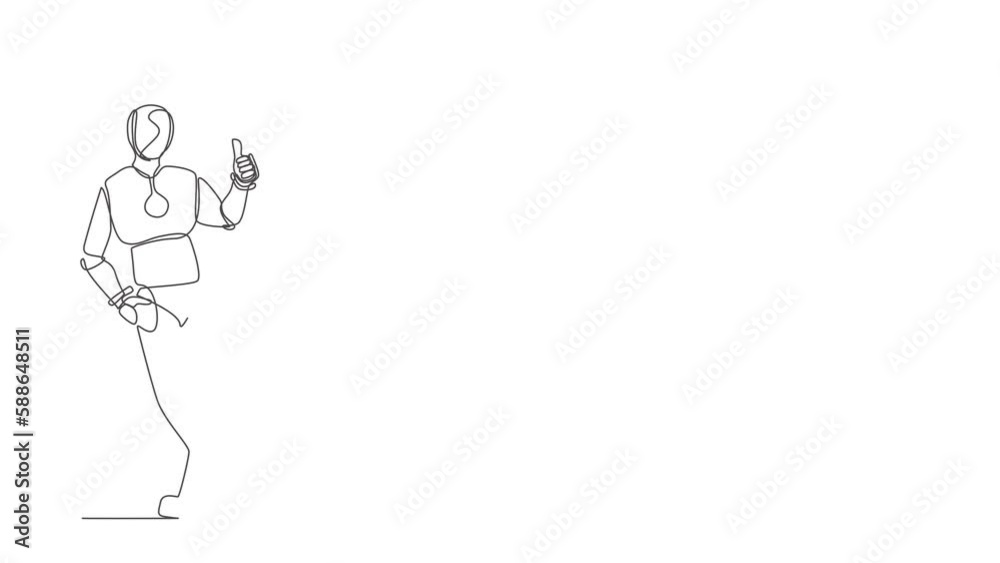 Self drawing animation of single line draw robot leaning with thumbs up gesture. Future technology development. Artificial intelligence and machine learning. Continuous line draw. Full length animated Self drawing animation of single line draw robot leaning with thumbs up gesture. Future technology development. Artificial intelligence and machine learning. Continuous line draw. Full length animated