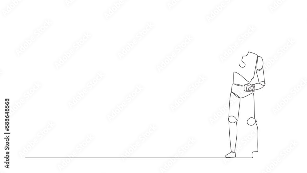 Animated self drawing of continuous line draw robot standing on peak of cliff targeting arrow to dartboard. Robotic artificial intelligence. Electronic technology. Full length one line animation Animated self drawing of continuous line draw robot standing on peak of cliff targeting arrow to dartboard. Robotic artificial intelligence. Electronic technology. Full length one line animation