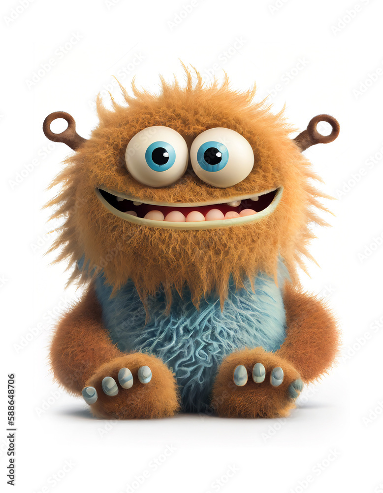 Fototapeta premium Happy and furry little monster on white background, created with generative AI