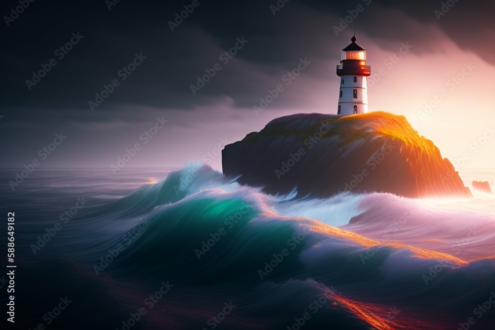 lighthouse on island, heavy rain, night, light shining, heavy seas. Generative AI