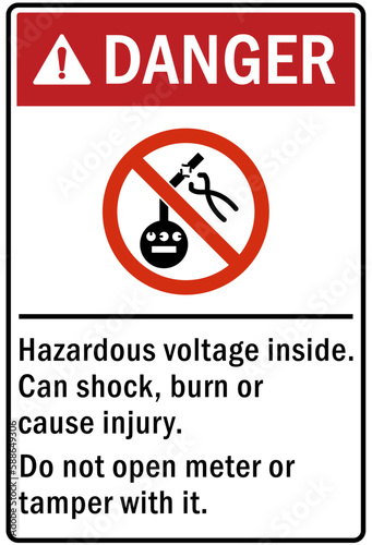 Electric meter room safety sign and labels hazardous voltage inside. Can shock, burn or cause injury. Do not open meter or tamper with it