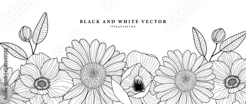 Black and white vector floral illustration with daisies, magnolia, branches, leaves and buds for coloring pages, postcards, covers, backgrounds
