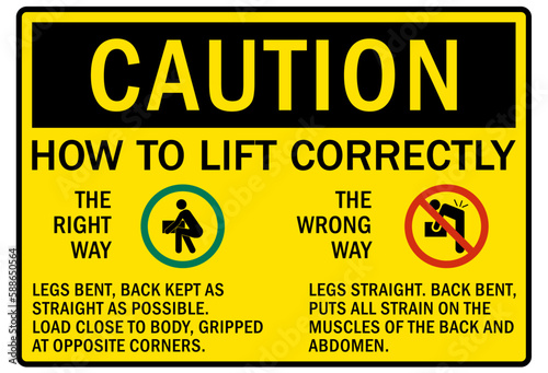 Lifting safety sign and labels how to lift correctly instructions