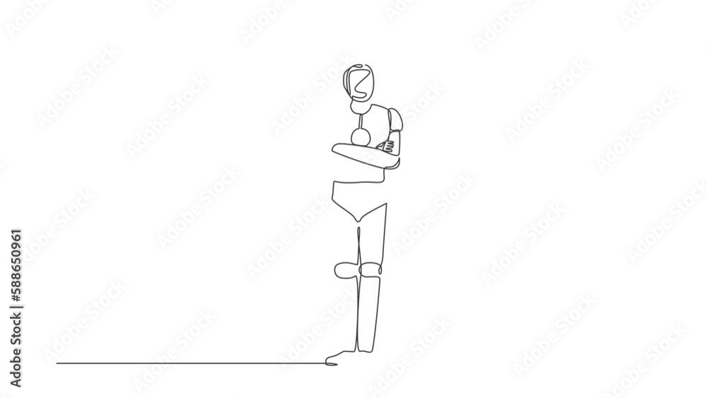 Self drawing animation of single one line draw robot standing with ...