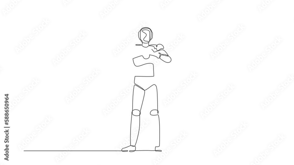 Self drawing animation of single line draw robot making heart symbol with fingers in front of chest. Future technology. Artificial intelligence machine learning. Continuous line. Full length animated Self drawing animation of single line draw robot making heart symbol with fingers in front of chest. Future technology. Artificial intelligence machine learning. Continuous line. Full length animated