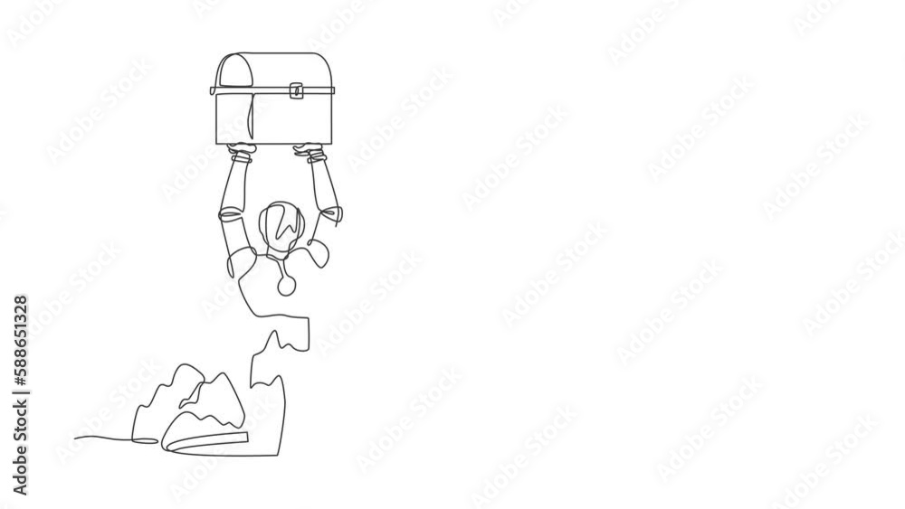 Animated self drawing of continuous line draw robot standing in digging hole and lifting chest treasure. Modern robot artificial intelligence. Electronic technology. Full length one line animation Animated self drawing of continuous line draw robot standing in digging hole and lifting chest treasure. Modern robot artificial intelligence. Electronic technology. Full length one line animation