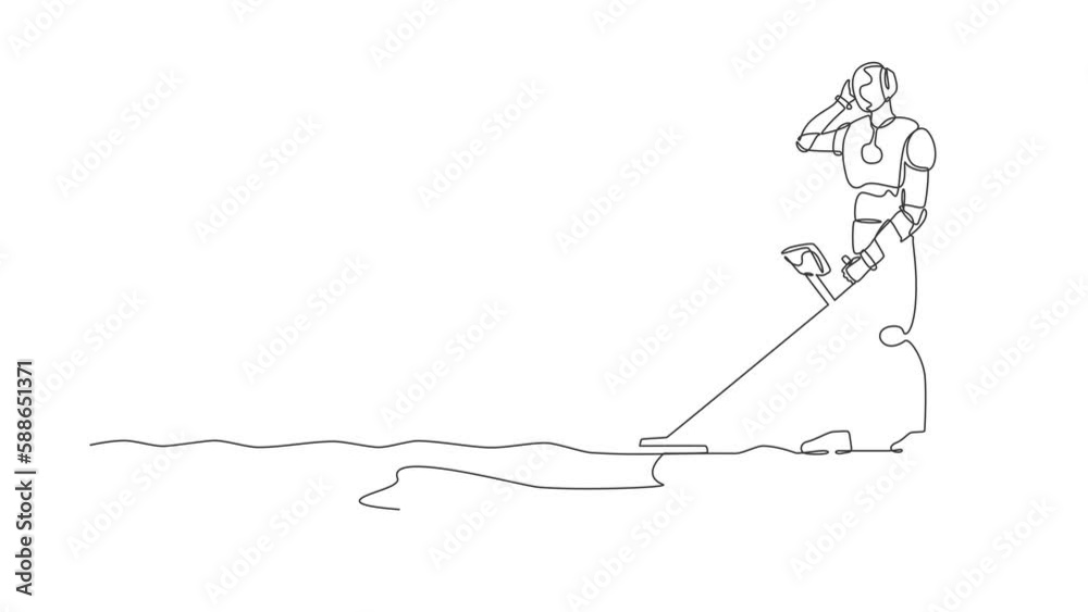 Animated self drawing of continuous line draw robot with metal detector looking for chest treasure. Robotic artificial intelligence. Electronic technology industry. Full length one line animation Animated self drawing of continuous line draw robot with metal detector looking for chest treasure. Robotic artificial intelligence. Electronic technology industry. Full length one line animation