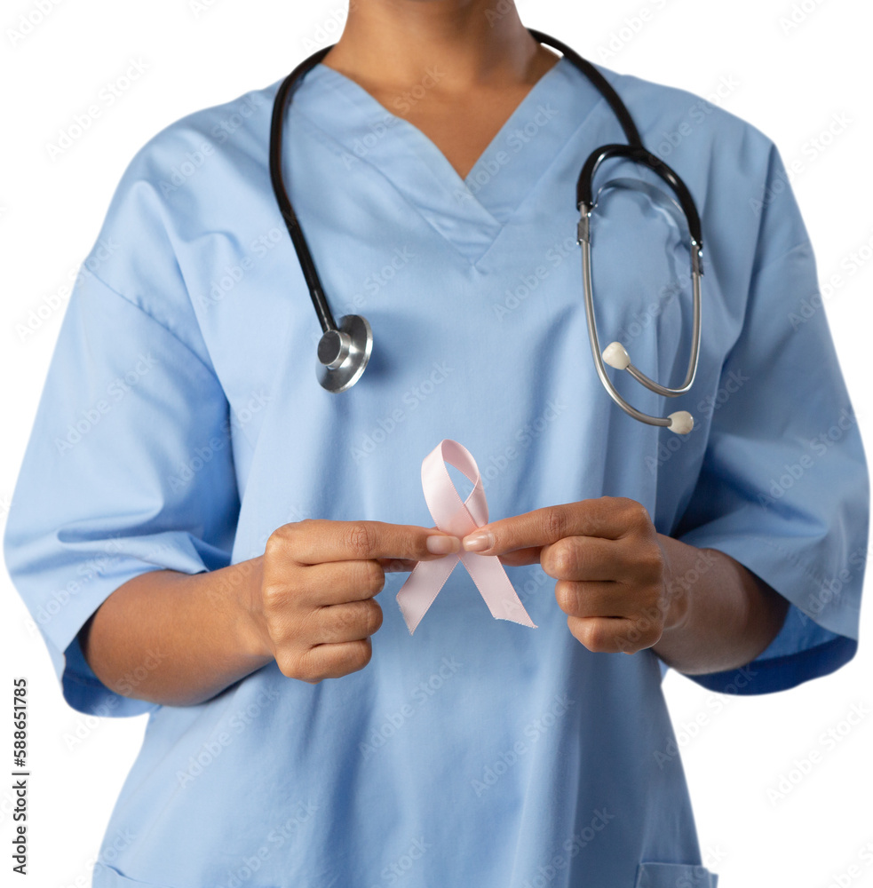 Nurse holding breast cancer awareness pink ribbon with both hands on white background Nurse holding breast cancer awareness pink ribbon with both hands on white background