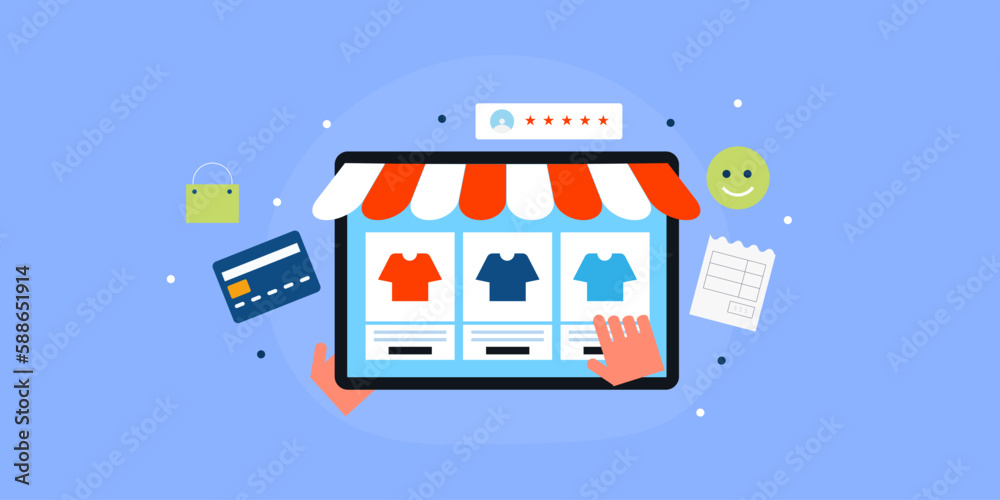 Person browsing online clothing product on tablet screen, ecommerce web store and digital payment shopping concept, vector illustration web banner.