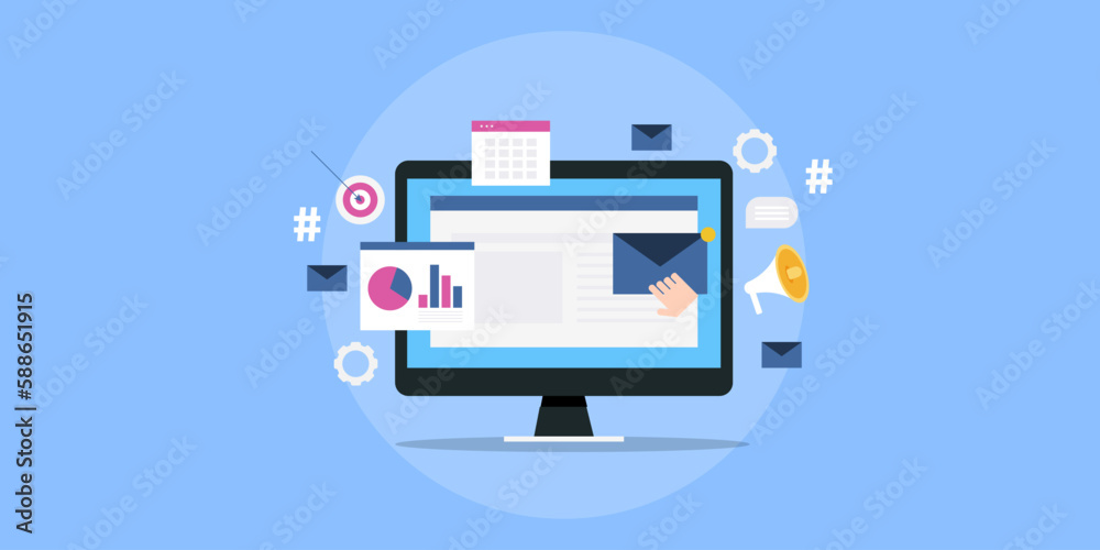 Person subscribes to blog content newsletter, joining email subscription list. Business communication marketing strategy with data analytics. Vector banner. Person subscribes to blog content newsletter, joining email subscription list. Business communication marketing strategy with data analytics. Vector banner.