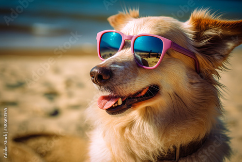 Abstract summer portrait on the beach on a hot, sunny summer day. Happy dog ​​with sunglasses and toys on the sand. Animal on vacation. Illustration, Generative AI. © Ljuba3dArt