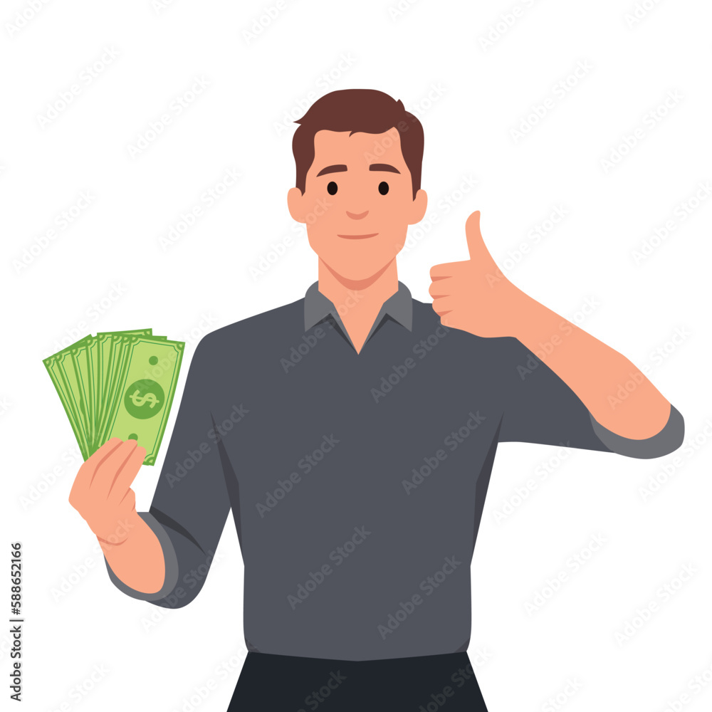 Illustration of a Man Flashing a Thumbs Up While Holding Dollar Bills Illustration of a Man Flashing a Thumbs Up While Holding Dollar Bills