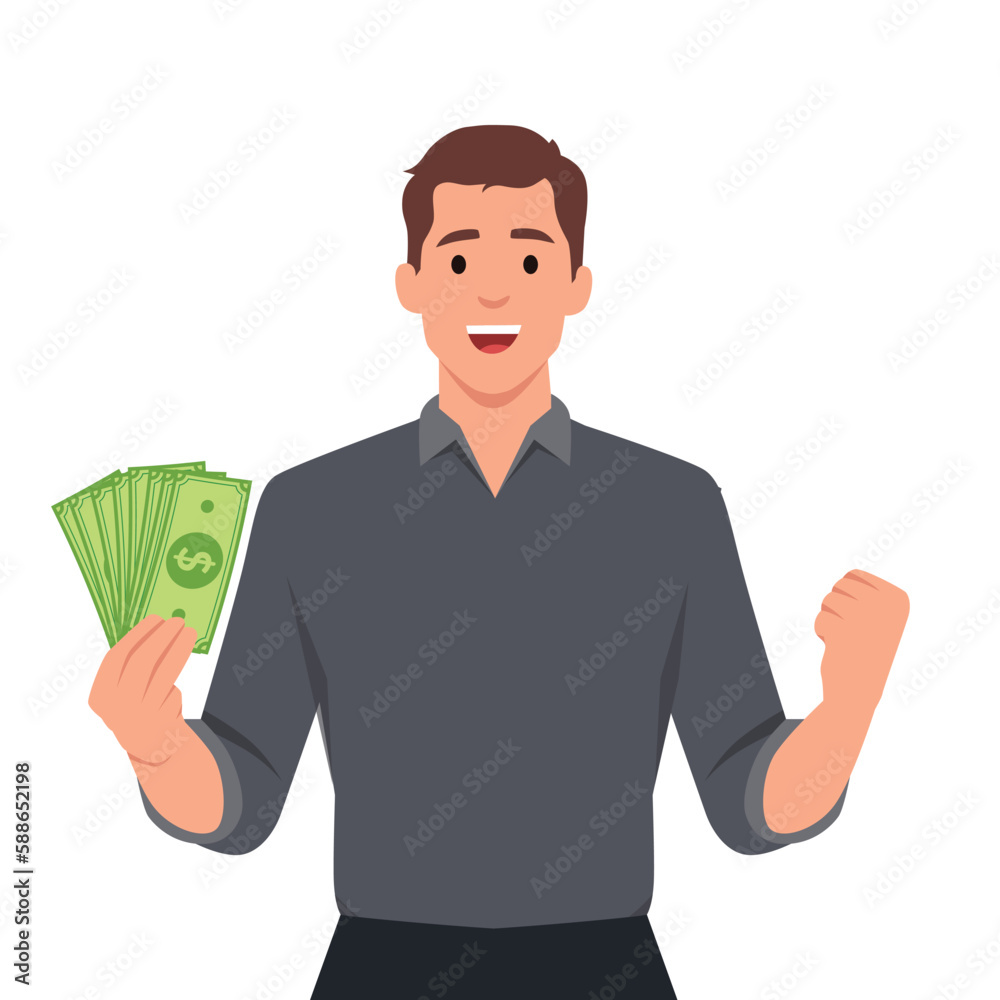Young businessman showing cash, money and making raised hand fist gesture sign. Person holding currency notes. Male character design illustration. Human emotions Young businessman showing cash, money and making raised hand fist gesture sign. Person holding currency notes. Male character design illustration. Human emotions