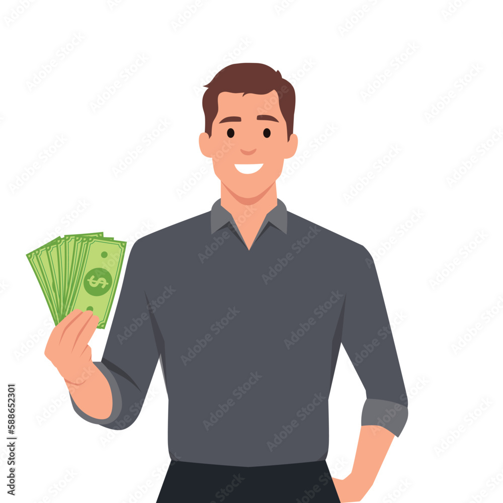 Smiling business man in suit standing holding fan of dollar cash showing money. Happy employee receiving a salary Smiling business man in suit standing holding fan of dollar cash showing money. Happy employee receiving a salary
