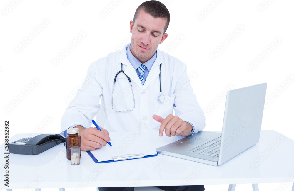 Male doctor writing while sitting by desk Male doctor writing while sitting by desk
