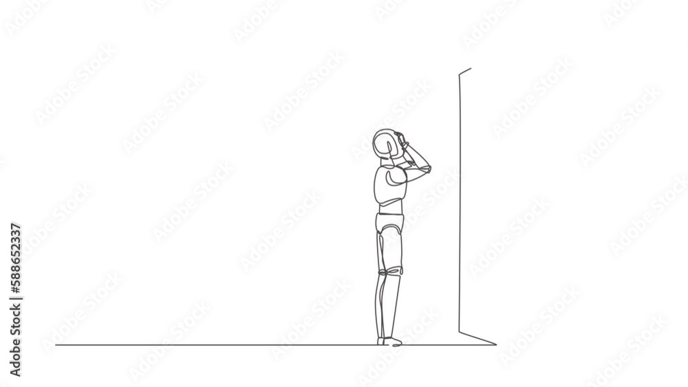 Self drawing animation of single one line draw robot standing confused ...