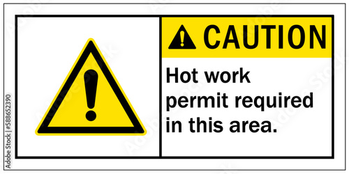 Hot warning sign and labels hot work permit required in this area