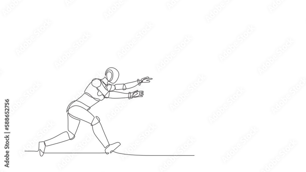 Self drawing animation of single line draw robot running chasing after run away money. Future technology development. Artificial intelligence machine learning. Continuous line. Full length animated Self drawing animation of single line draw robot running chasing after run away money. Future technology development. Artificial intelligence machine learning. Continuous line. Full length animated