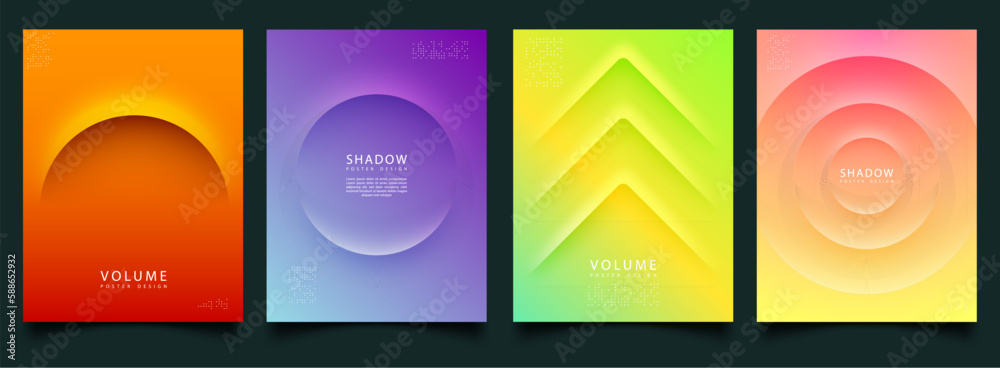 Abstract vibrant gradient background cover set. Minimalist style cover template shadow shape, liquid color. Modern vector design for social media, banner, poster. Arc line business brochure
