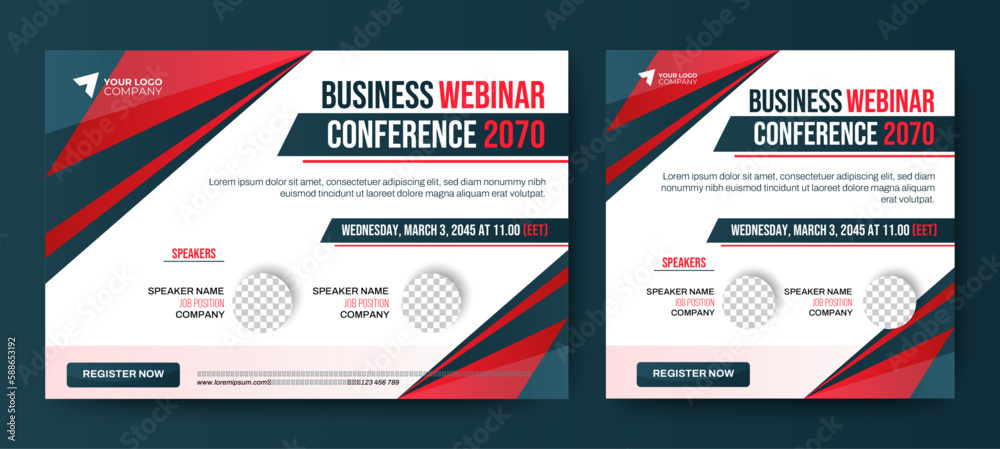Business Conference live webinar banner invitation and social media post template. Red and white. Business webinar invitation design. Vector