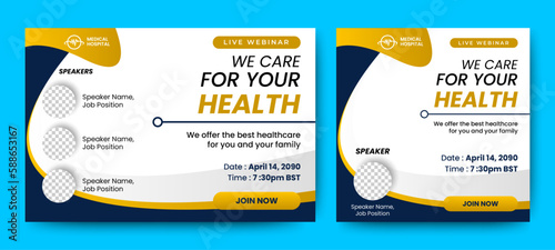 Medical Health Conference live webinar banner invitation and social media post template. Healthcare webinar invitation design.