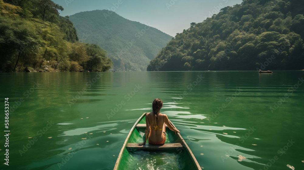 aucasian girl wearing a swimsuit sitting inside a kayak on her back and looking to the side paddling on the lake towards. Generative AI.