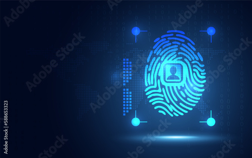 Biometric fingerprint on blue background with copy space. Cyber security and criminal protection concept. Big data theme. New futuristic digital system technology sign and symbol. Vector illustration.