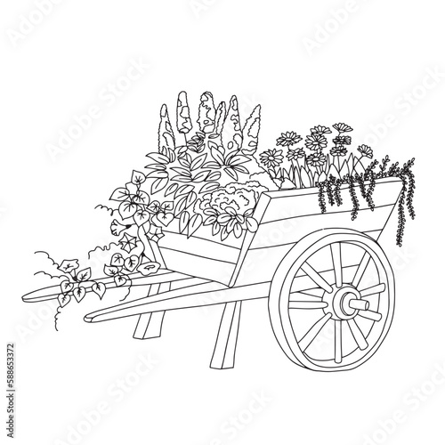 Cart with flowers in doodle style. Decoration for garden hand drawn outline illustration.