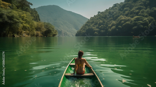 aucasian girl wearing a swimsuit sitting inside a kayak on her back and looking to the side paddling on the lake towards. Generative AI.