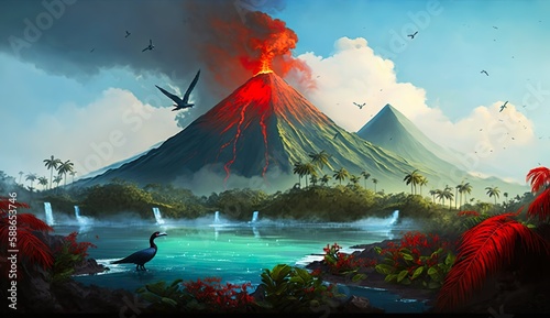 volcanic eruption on a tropical island with bright red lawa