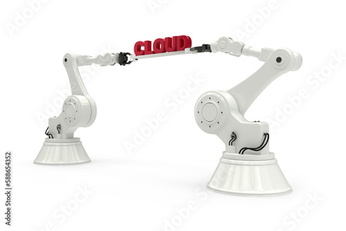 Mechanical robotic hands holding cloud text against white background