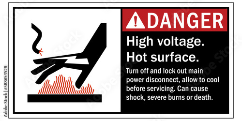 Hot warning sign and labels high voltage. Hot surface. Turn off and lock out main power disconnect, allow to cool before servicing. Can cause shock, severe burn or death