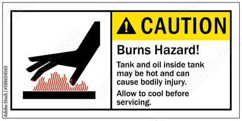 Hot warning sign and labels burn hazard. Tank and oil inside tank may be hot and can cause bodily injury. Allow to cool before servicing