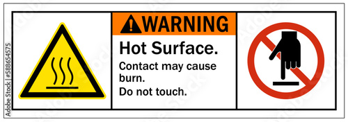 Hot warning sign and labels hot surface. Contact may cause burn. Do not touch