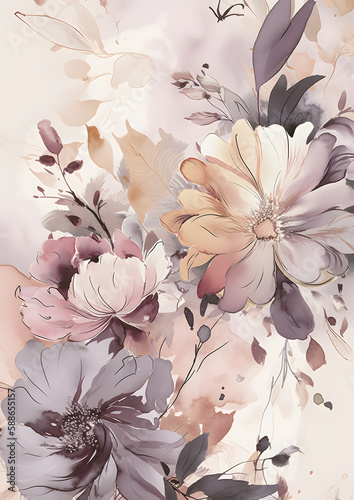 Watercolor Floral Frame for Notebook Paper, Blooming, Generative AI 