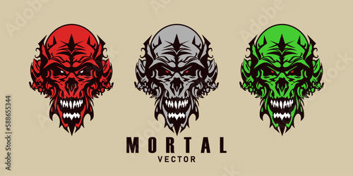 Vector set of colored scary mutant human skulls. Isolated background. The head of an ugly monster. Logo, sticker or icon.