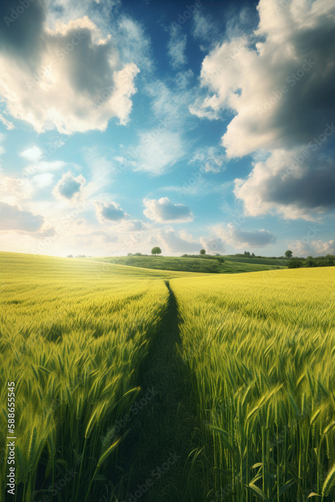 Obraz premium Rural landscape with wheat field. Generative AI