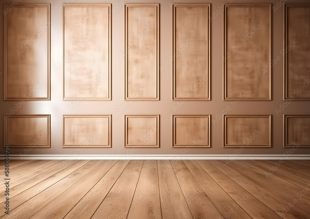Light brown empty wall with decorative paneling wood Flooring, and timeless architecture creates a stunning home interior without any people, Generative AI Light brown empty wall with decorative paneling wood Flooring, and timeless architecture creates a stunning home interior without any people, Generative AI