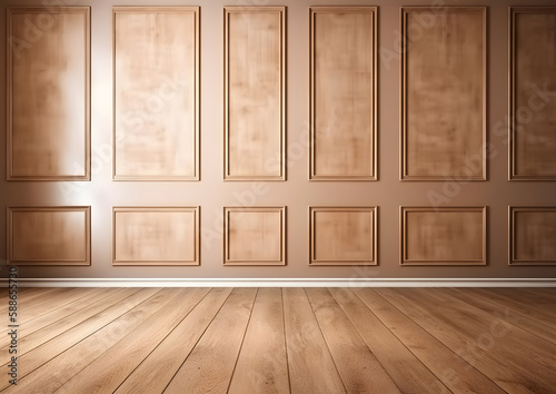 Light brown empty wall with decorative paneling wood Flooring  and timeless architecture creates a stunning home interior without any people  Generative AI